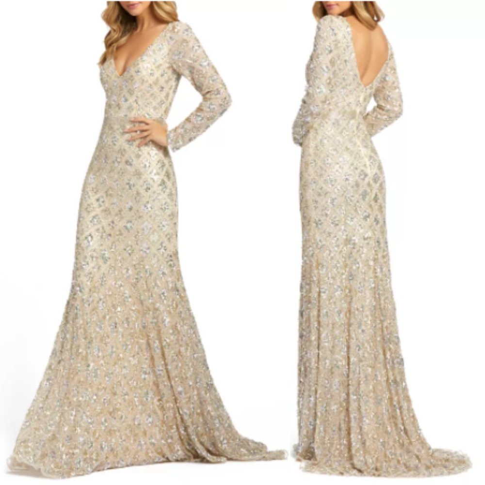 MAC DUGGAL Embellished Lattice V-Neck Gown NWT